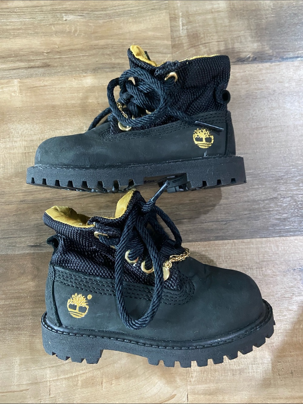 Timberland Kids Black and Gold Lace-Up Boots